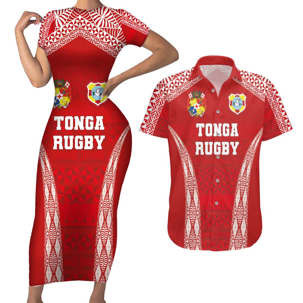 Custom Tonga Pacific Rugby 2024 Couples Matching Short Sleeve Bodycon Dress and Hawaiian Shirt Ngatu Tribal Pattern LT03 Red - Polynesian Pride