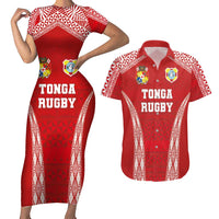 Custom Tonga Pacific Rugby 2024 Couples Matching Short Sleeve Bodycon Dress and Hawaiian Shirt Ngatu Tribal Pattern LT03 Red - Polynesian Pride