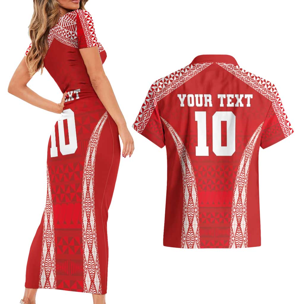 Custom Tonga Pacific Rugby 2024 Couples Matching Short Sleeve Bodycon Dress and Hawaiian Shirt Ngatu Tribal Pattern LT03 - Polynesian Pride