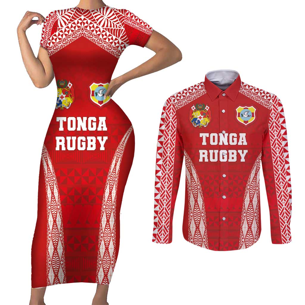 Custom Tonga Pacific Rugby 2024 Couples Matching Short Sleeve Bodycon Dress and Long Sleeve Button Shirt Ngatu Tribal Pattern LT03 Red - Polynesian Pride