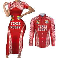 Custom Tonga Pacific Rugby 2024 Couples Matching Short Sleeve Bodycon Dress and Long Sleeve Button Shirt Ngatu Tribal Pattern LT03 Red - Polynesian Pride