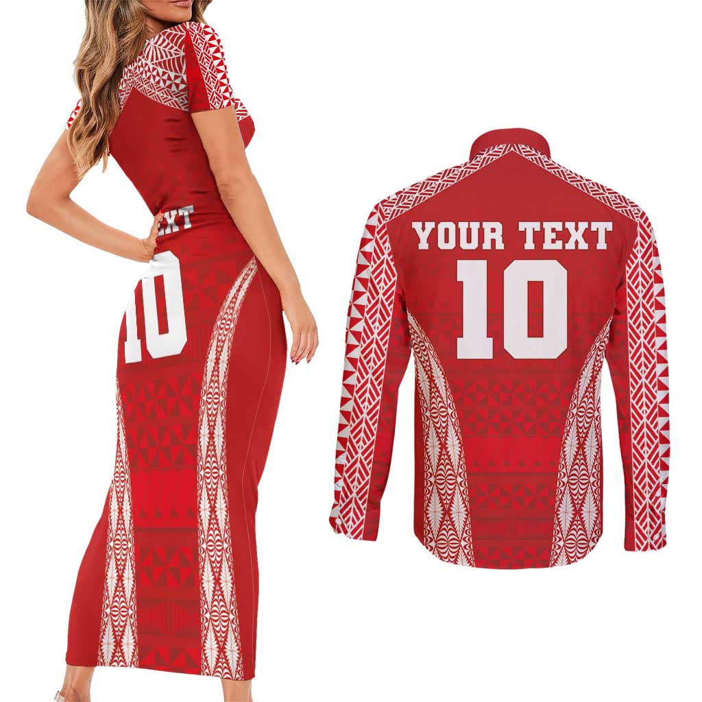Custom Tonga Pacific Rugby 2024 Couples Matching Short Sleeve Bodycon Dress and Long Sleeve Button Shirt Ngatu Tribal Pattern LT03 - Polynesian Pride