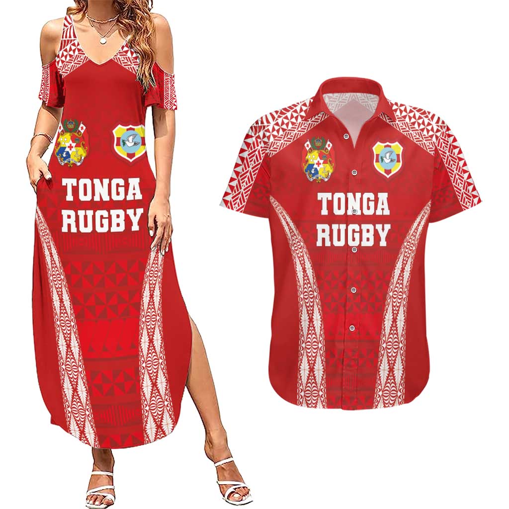Custom Tonga Pacific Rugby 2024 Couples Matching Summer Maxi Dress and Hawaiian Shirt Ngatu Tribal Pattern LT03 Red - Polynesian Pride