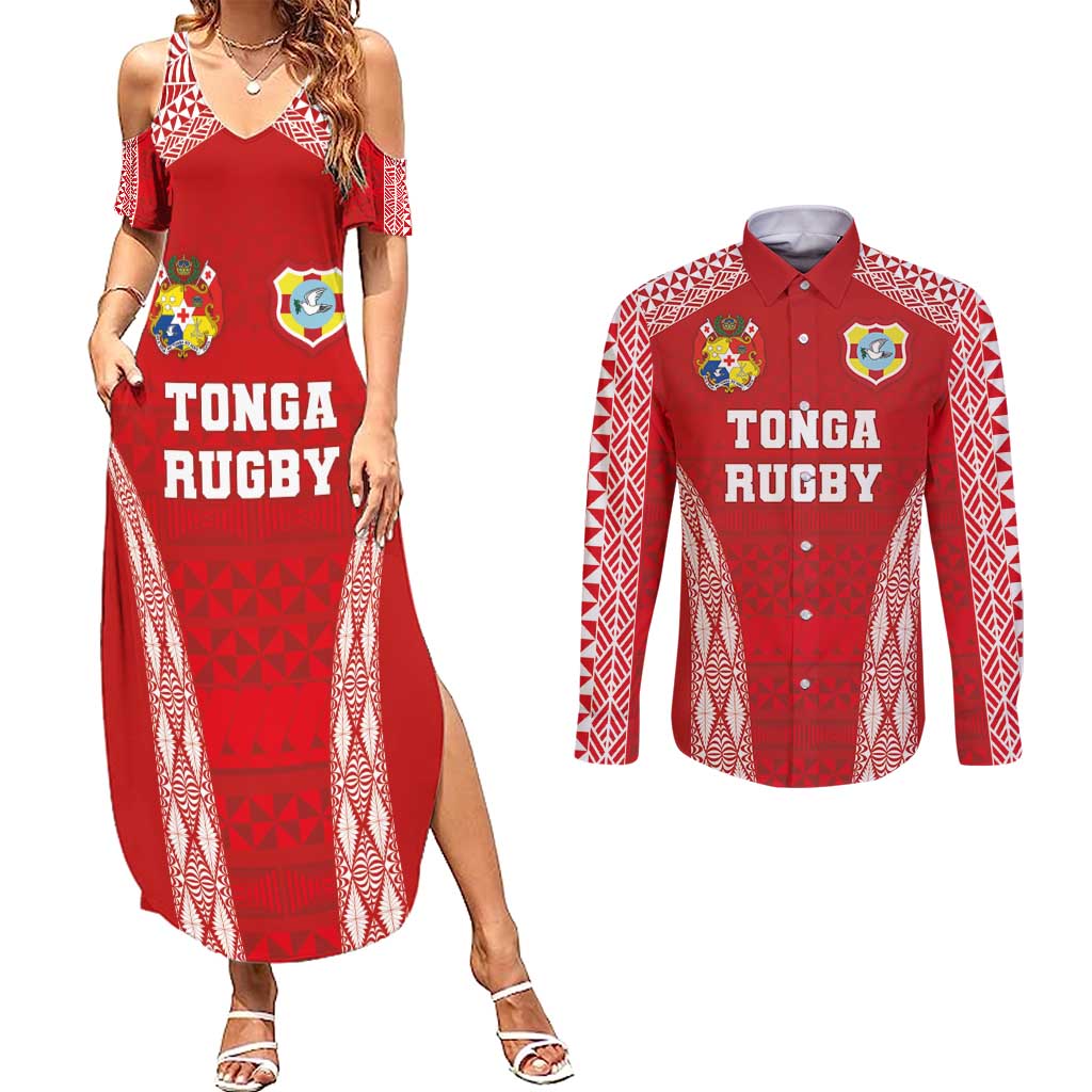 Custom Tonga Pacific Rugby 2024 Couples Matching Summer Maxi Dress and Long Sleeve Button Shirt Ngatu Tribal Pattern LT03 Red - Polynesian Pride