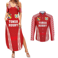 Custom Tonga Pacific Rugby 2024 Couples Matching Summer Maxi Dress and Long Sleeve Button Shirt Ngatu Tribal Pattern LT03 Red - Polynesian Pride