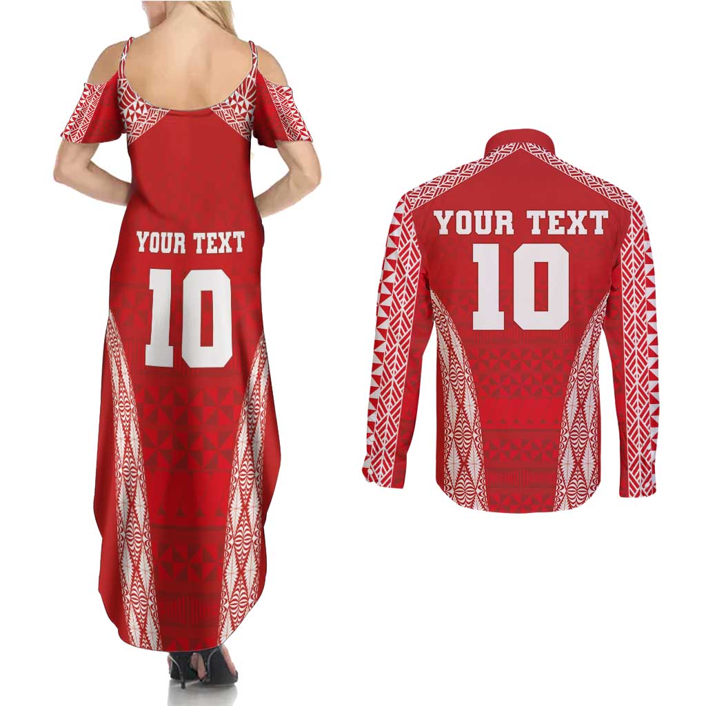 Custom Tonga Pacific Rugby 2024 Couples Matching Summer Maxi Dress and Long Sleeve Button Shirt Ngatu Tribal Pattern LT03 - Polynesian Pride