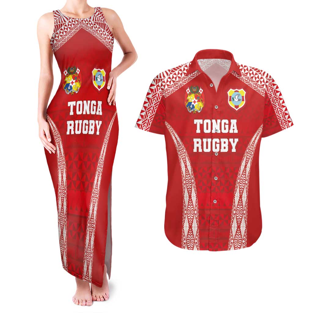 Custom Tonga Pacific Rugby 2024 Couples Matching Tank Maxi Dress and Hawaiian Shirt Ngatu Tribal Pattern LT03 Red - Polynesian Pride