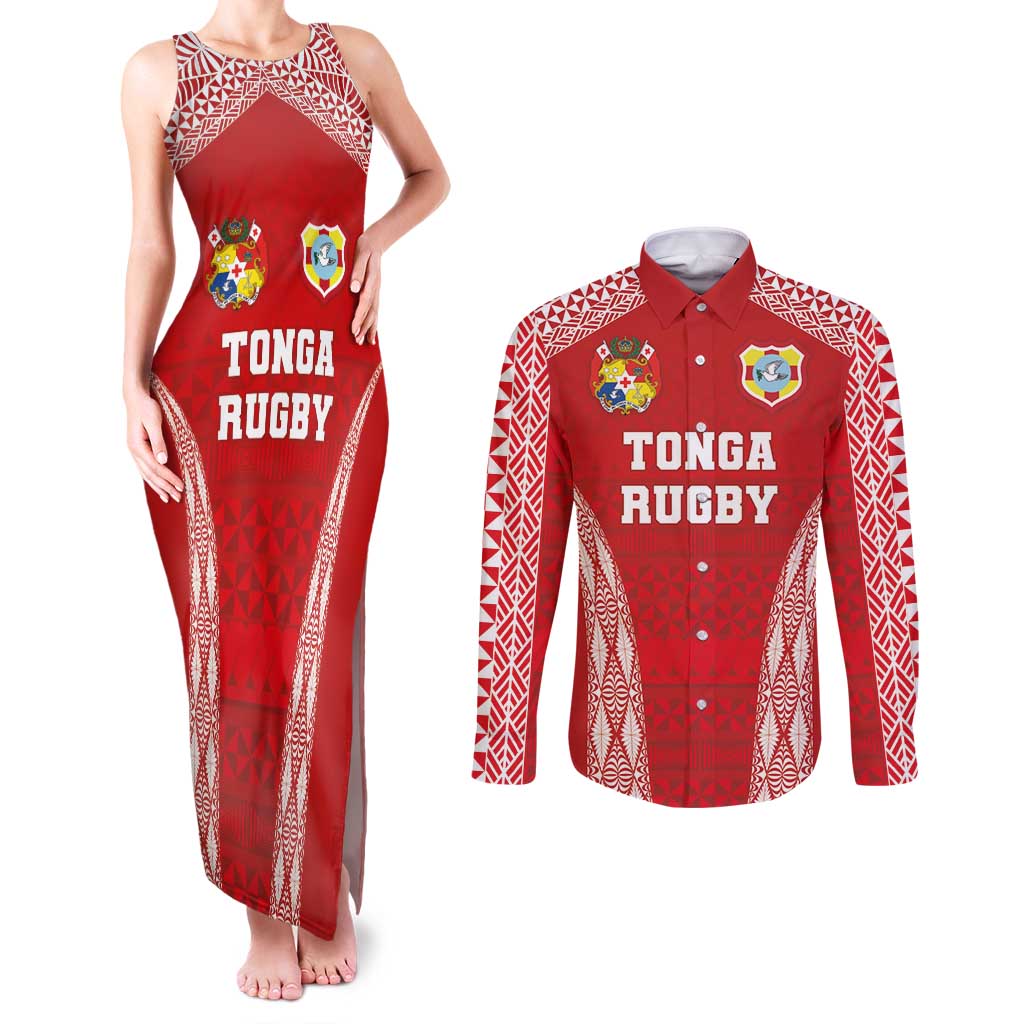 Custom Tonga Pacific Rugby 2024 Couples Matching Tank Maxi Dress and Long Sleeve Button Shirt Ngatu Tribal Pattern LT03 Red - Polynesian Pride