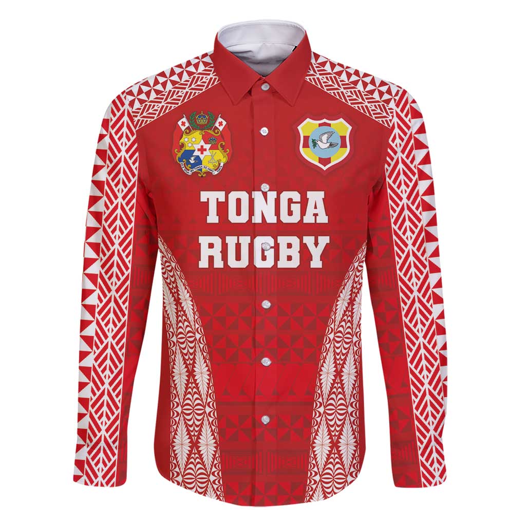 Custom Tonga Pacific Rugby 2024 Family Matching Long Sleeve Bodycon Dress and Hawaiian Shirt Ngatu Tribal Pattern LT03 Dad's Shirt - Long Sleeve Red - Polynesian Pride