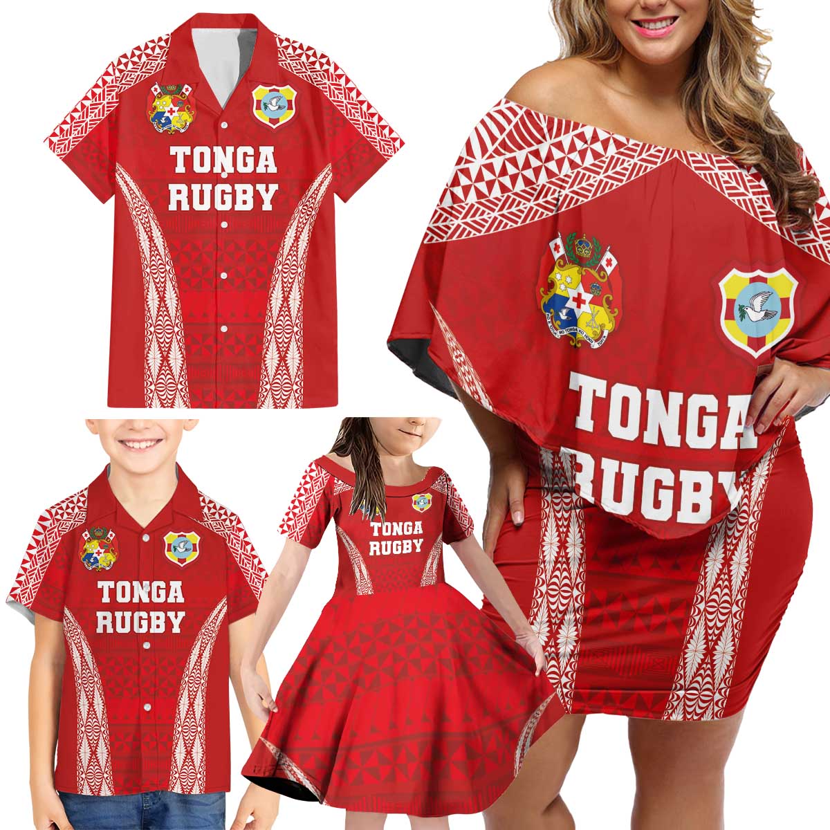 Custom Tonga Pacific Rugby 2024 Family Matching Off Shoulder Short Dress and Hawaiian Shirt Ngatu Tribal Pattern