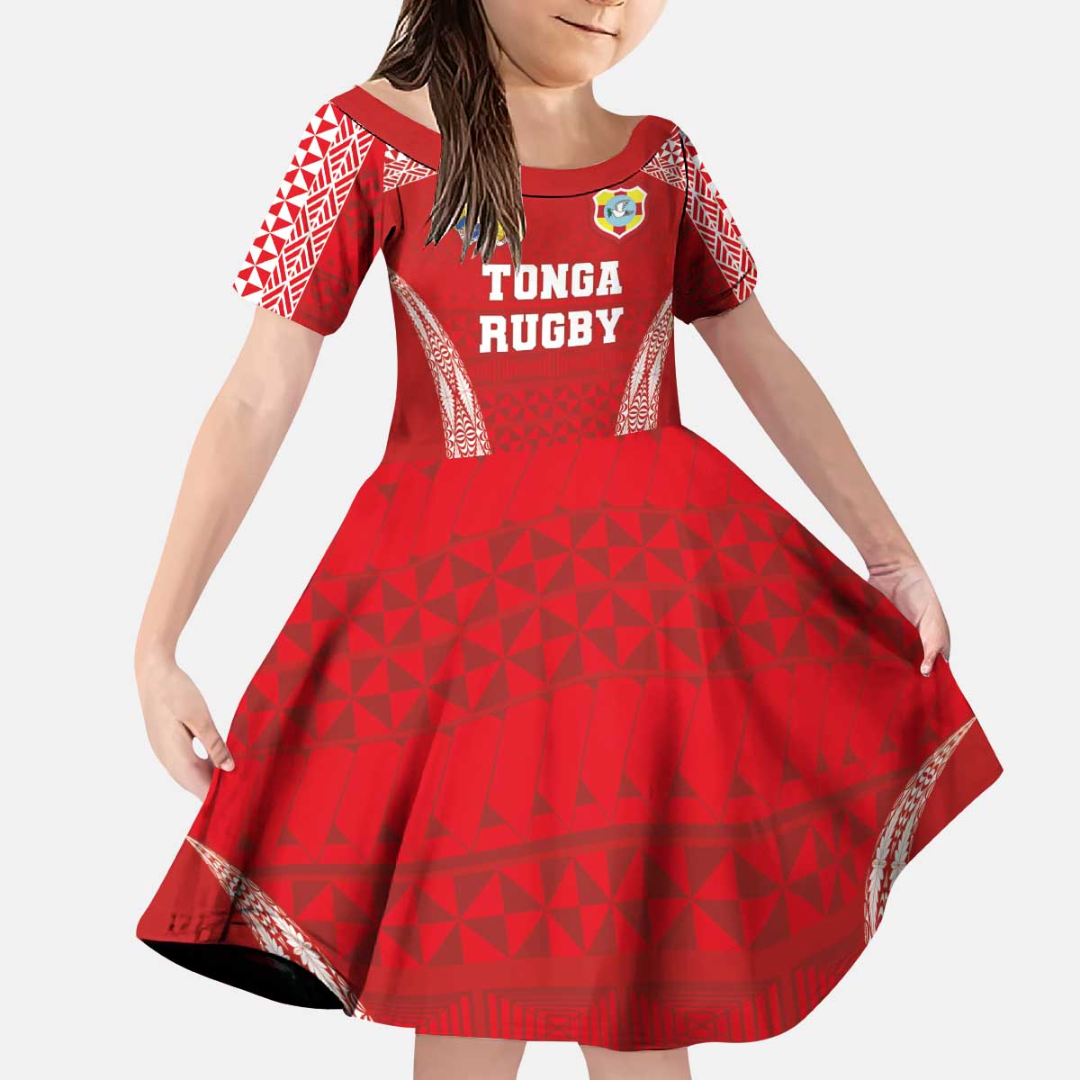 Custom Tonga Pacific Rugby 2024 Family Matching Puletasi and Hawaiian Shirt Ngatu Tribal Pattern LT03 Daughter's Dress Red - Polynesian Pride