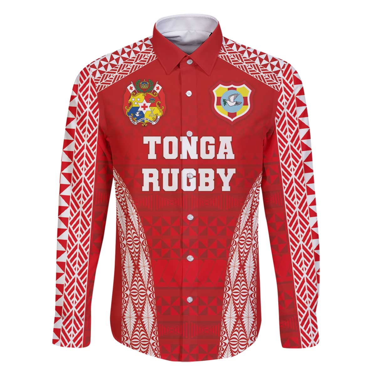 Custom Tonga Pacific Rugby 2024 Family Matching Puletasi and Hawaiian Shirt Ngatu Tribal Pattern LT03 Dad's Shirt - Long Sleeve Red - Polynesian Pride