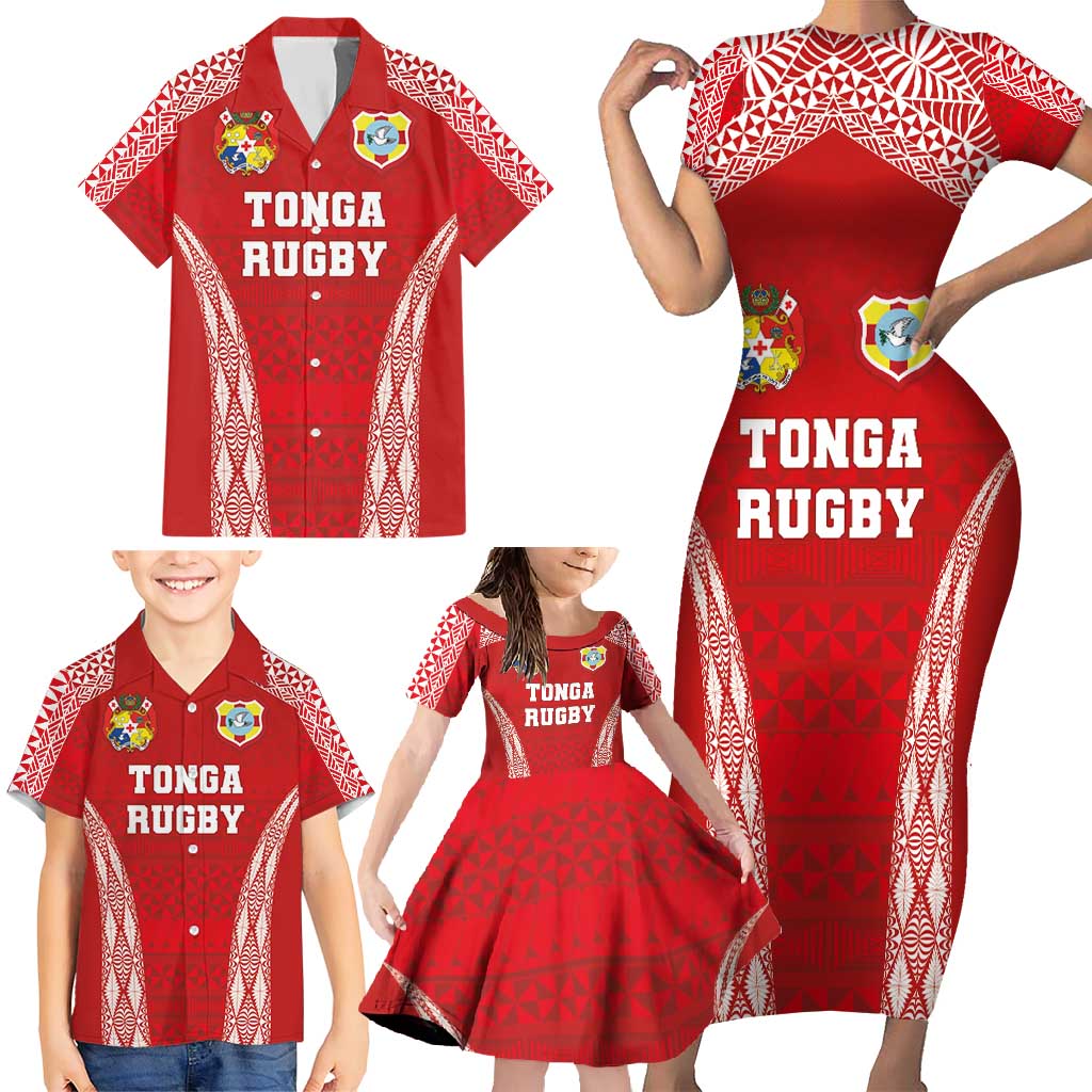 Custom Tonga Pacific Rugby 2024 Family Matching Short Sleeve Bodycon Dress and Hawaiian Shirt Ngatu Tribal Pattern