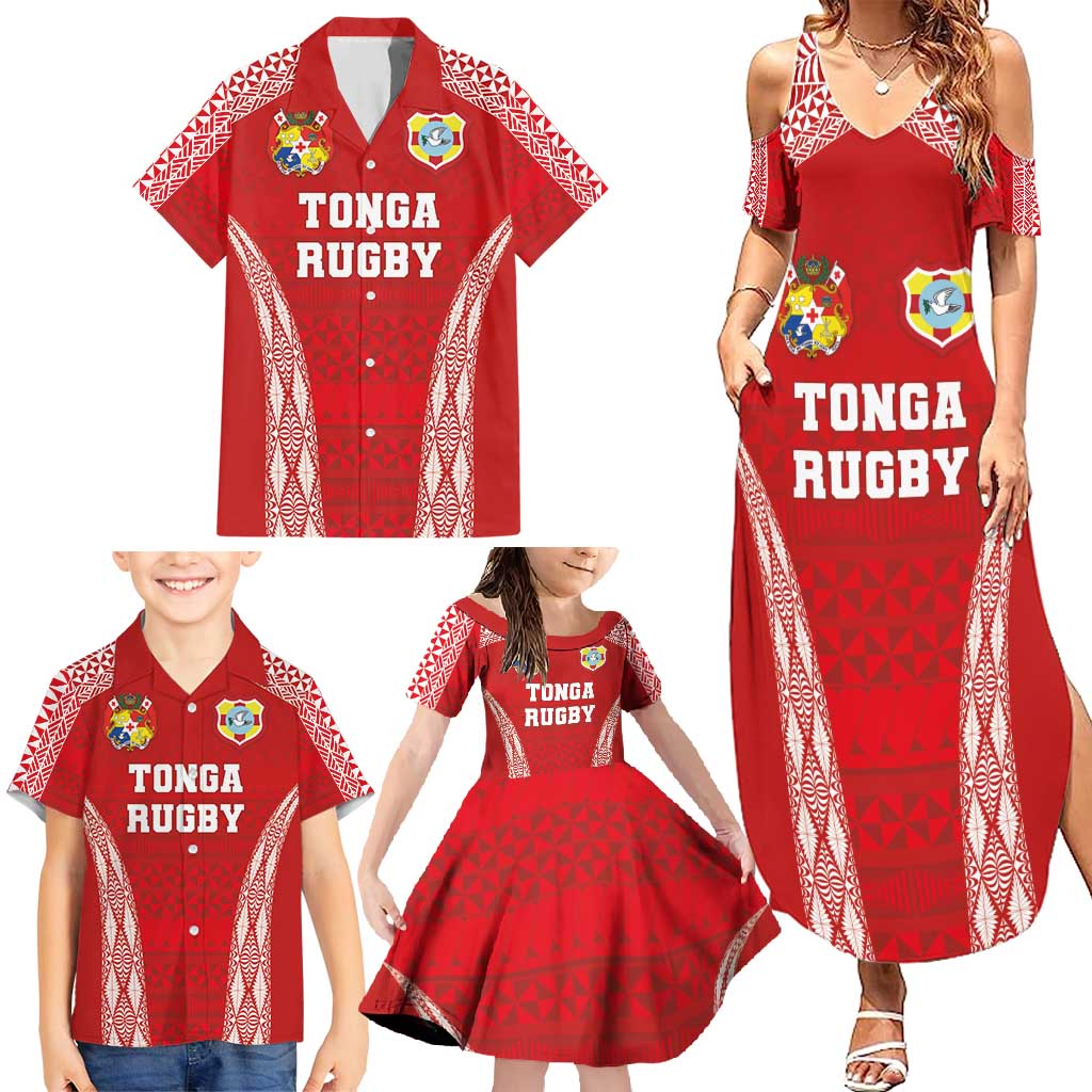 Custom Tonga Pacific Rugby 2024 Family Matching Summer Maxi Dress and Hawaiian Shirt Ngatu Tribal Pattern