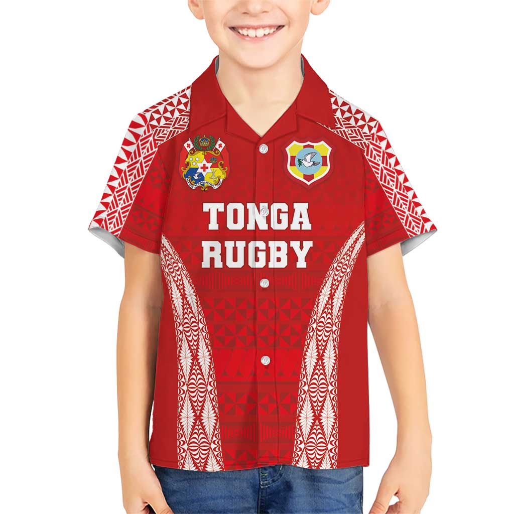 Custom Tonga Pacific Rugby 2024 Kid Hawaiian Shirt Ngatu Tribal Pattern