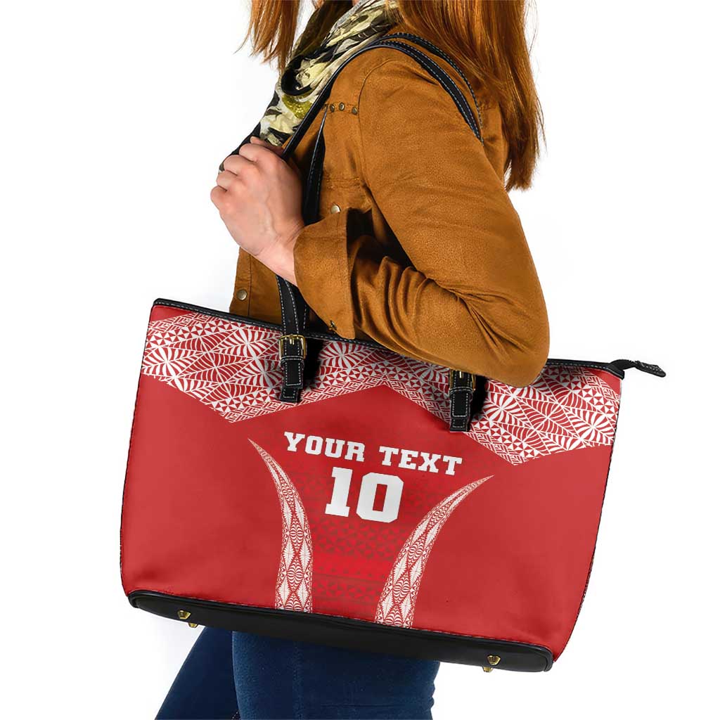 Custom Tonga Pacific Rugby 2024 Leather Tote Bag Ngatu Tribal Pattern LT03 Red - Polynesian Pride