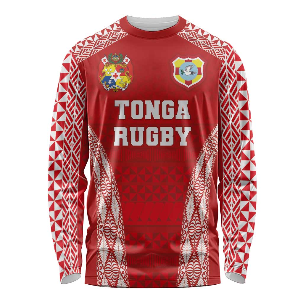 Custom Tonga Pacific Rugby 2024 Long Sleeve Shirt Ngatu Tribal Pattern