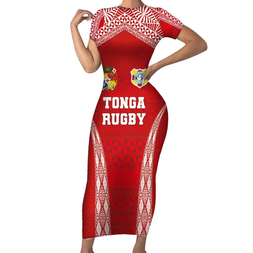 Custom Tonga Pacific Rugby 2024 Short Sleeve Bodycon Dress Ngatu Tribal Pattern