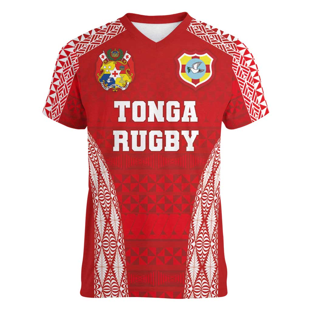 Custom Tonga Pacific Rugby 2024 Women V-Neck T-Shirt Ngatu Tribal Pattern