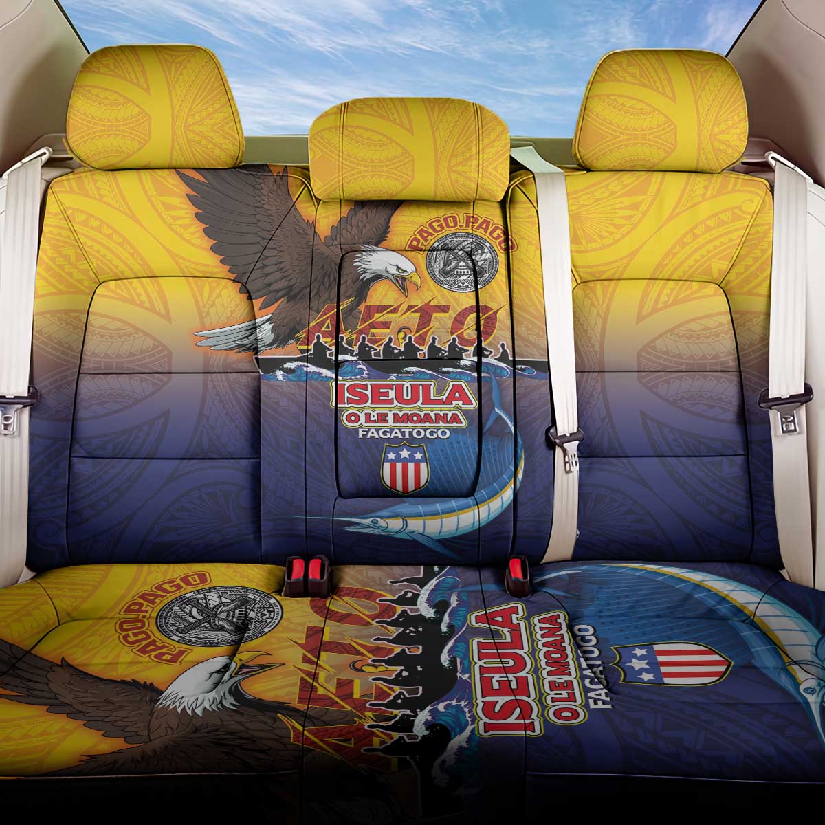 American Samoa Fautasi Back Car Seat Cover Bald Eage and Sailfish with Kakau Motifs - Polynesian Pride