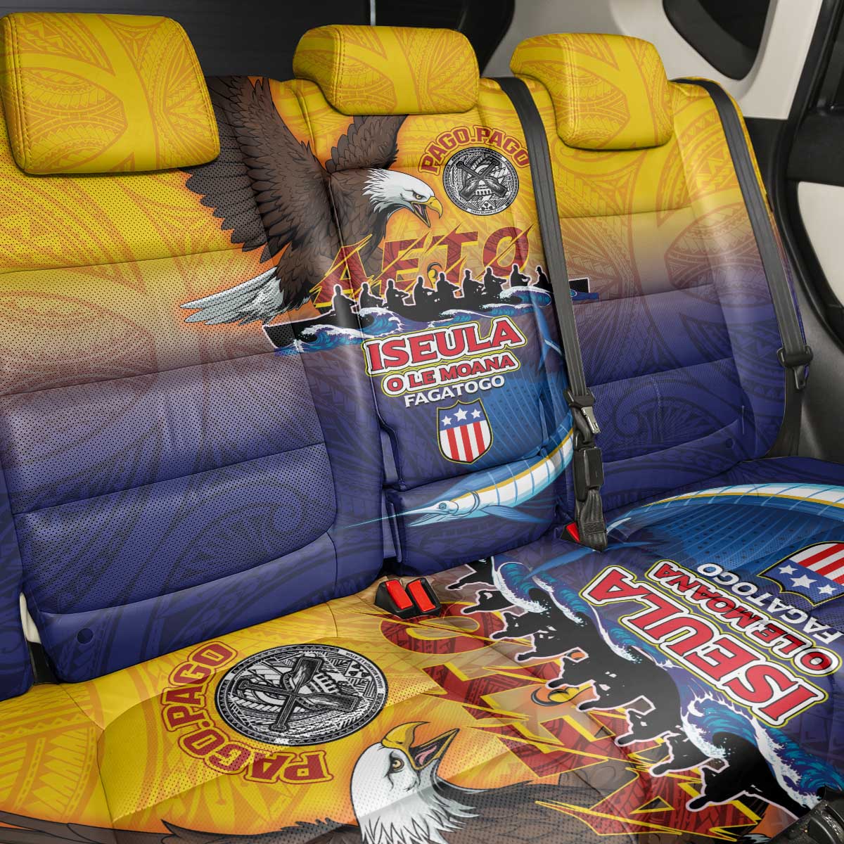 American Samoa Fautasi Back Car Seat Cover Bald Eage and Sailfish with Kakau Motifs - Polynesian Pride