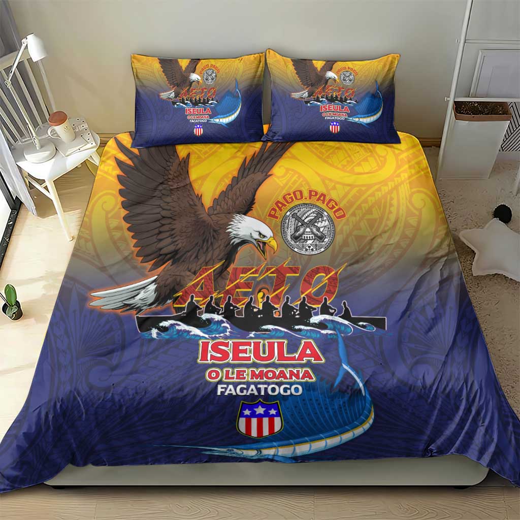 American Samoa Fautasi Bedding Set Bald Eage and Sailfish with Kakau Motifs - Polynesian Pride