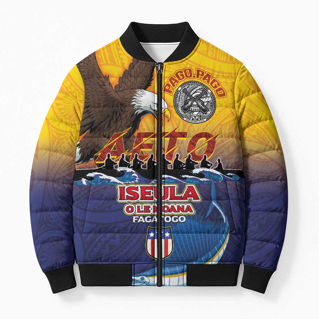 American Samoa Fautasi Bomber Puffer Jacket Bald Eage and Sailfish with Kakau Motifs - Polynesian Pride