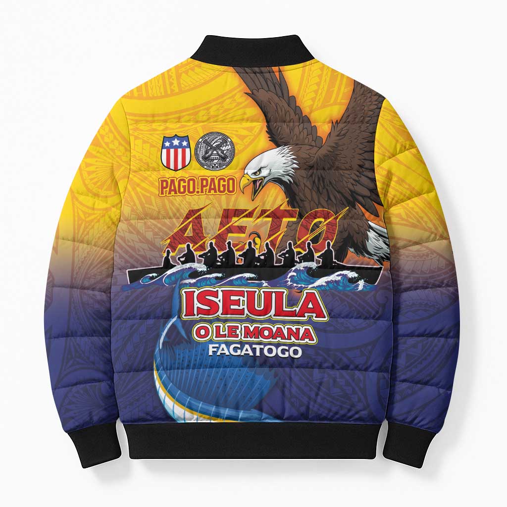 American Samoa Fautasi Bomber Puffer Jacket Bald Eage and Sailfish with Kakau Motifs - Polynesian Pride