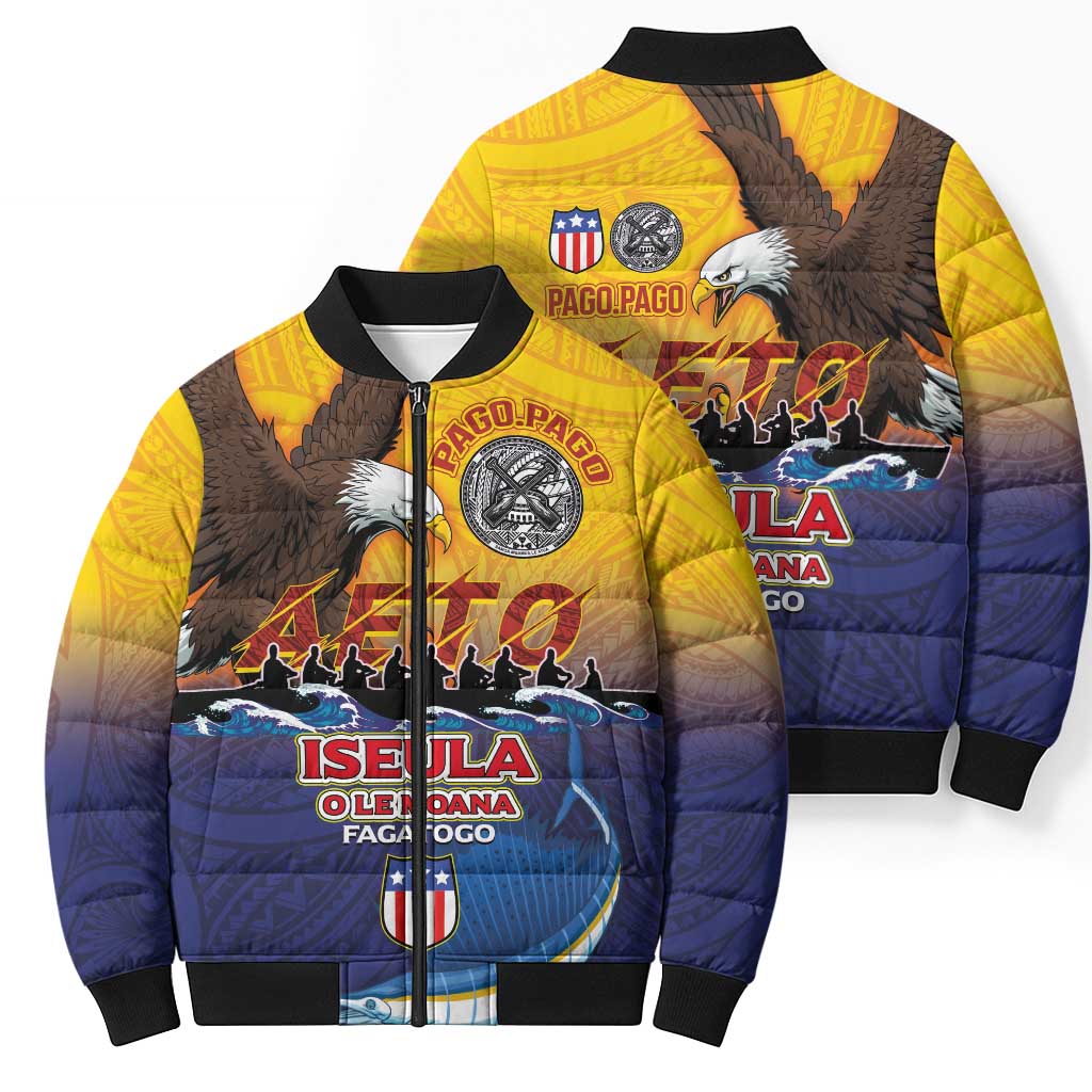 American Samoa Fautasi Bomber Puffer Jacket Bald Eage and Sailfish with Kakau Motifs - Polynesian Pride