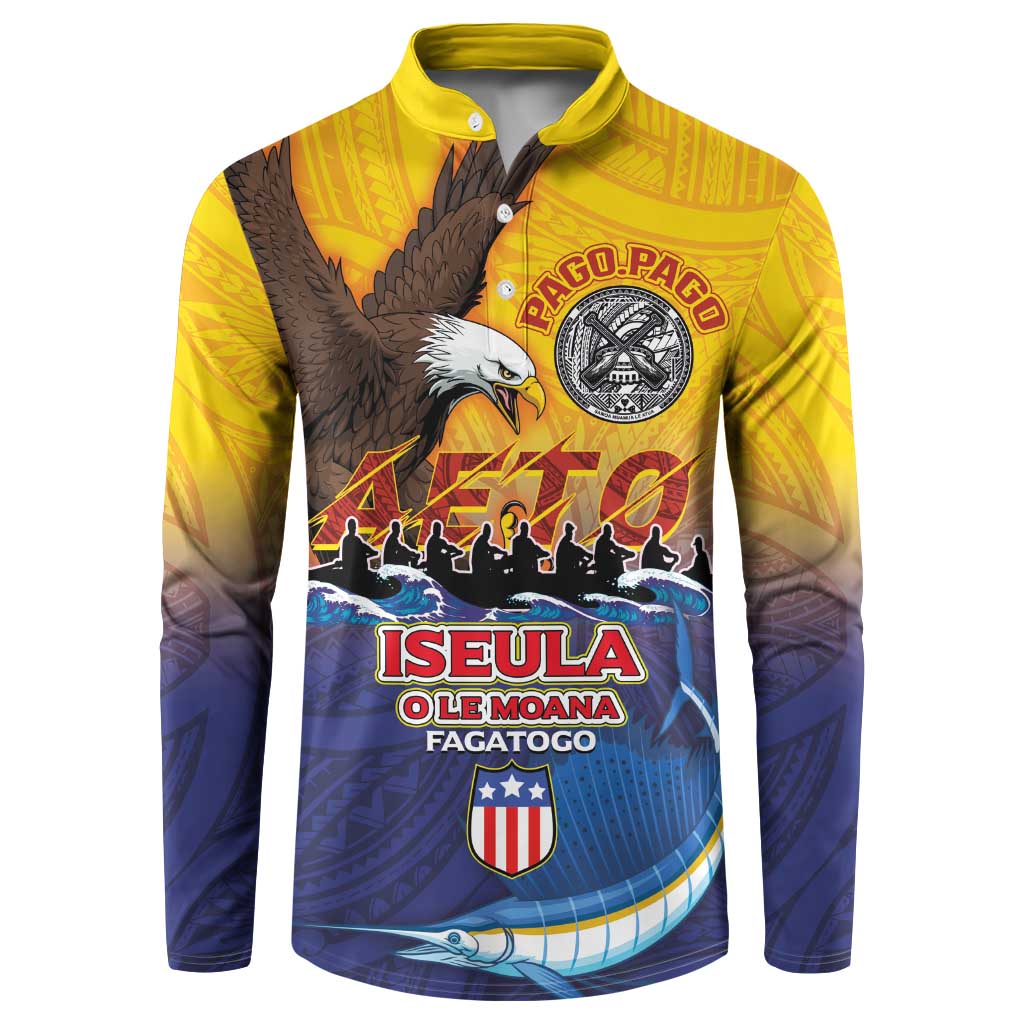 American Samoa Fautasi Button Sweatshirt Bald Eage and Sailfish with Kakau Motifs - Polynesian Pride