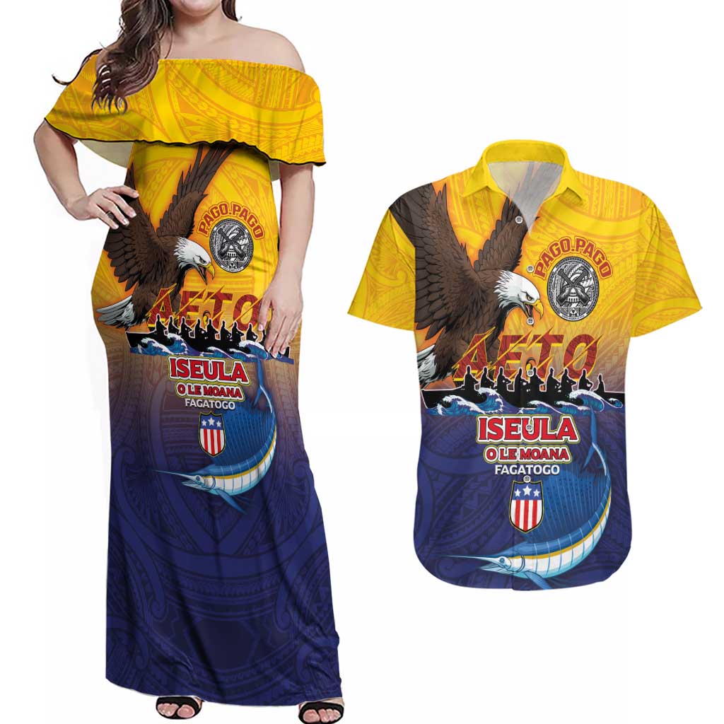 American Samoa Fautasi Couples Matching Off Shoulder Maxi Dress and Hawaiian Shirt Bald Eage and Sailfish with Kakau Motifs - Polynesian Pride