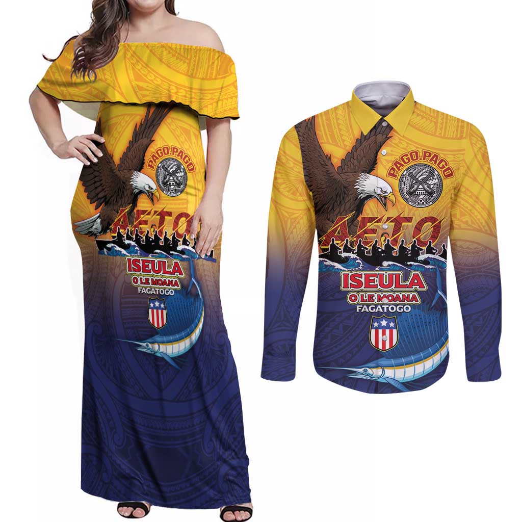 American Samoa Fautasi Couples Matching Off Shoulder Maxi Dress and Long Sleeve Button Shirt Bald Eage and Sailfish with Kakau Motifs - Polynesian Pride
