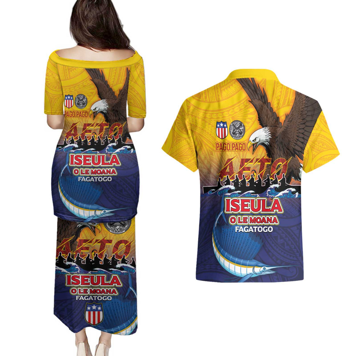 American Samoa Fautasi Couples Matching Puletasi and Hawaiian Shirt Bald Eage and Sailfish with Kakau Motifs - Polynesian Pride
