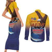 American Samoa Fautasi Couples Matching Short Sleeve Bodycon Dress and Long Sleeve Button Shirt Bald Eage and Sailfish with Kakau Motifs - Polynesian Pride