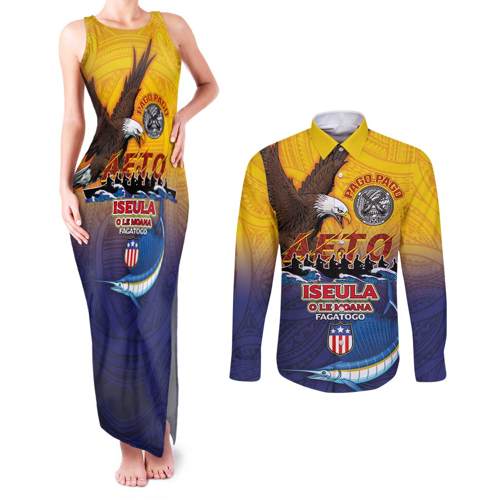 American Samoa Fautasi Couples Matching Tank Maxi Dress and Long Sleeve Button Shirt Bald Eage and Sailfish with Kakau Motifs - Polynesian Pride