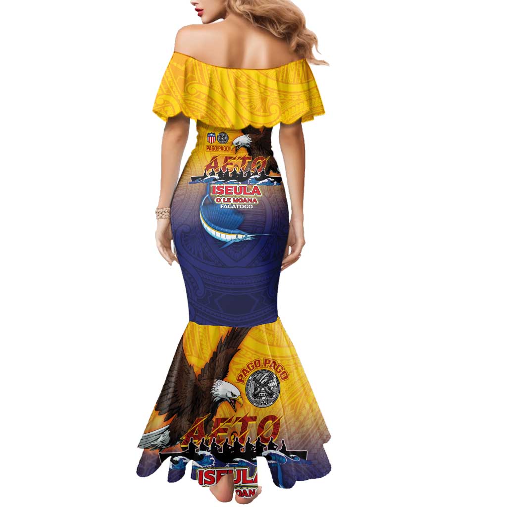 American Samoa Fautasi Family Matching Mermaid Dress and Hawaiian Shirt Bald Eage and Sailfish with Kakau Motifs - Polynesian Pride