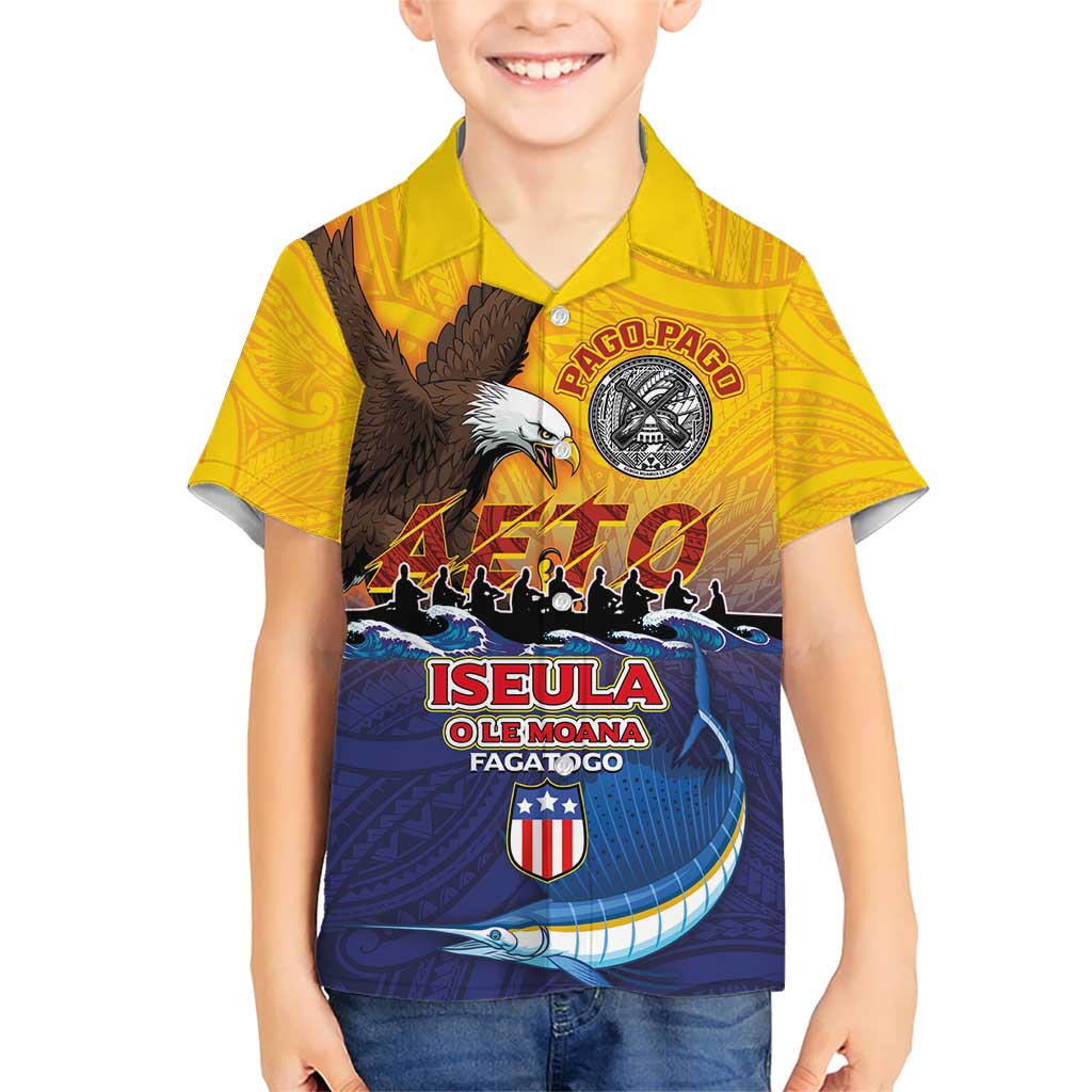 American Samoa Fautasi Family Matching Short Sleeve Bodycon Dress and Hawaiian Shirt Bald Eage and Sailfish with Kakau Motifs - Polynesian Pride