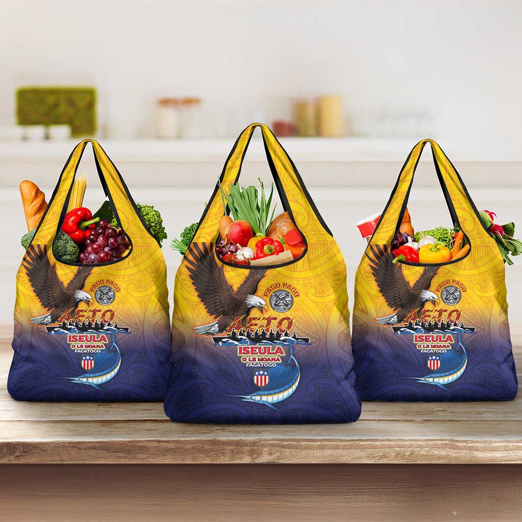 American Samoa Fautasi Grocery Bag Bald Eage and Sailfish with Kakau Motifs - Polynesian Pride