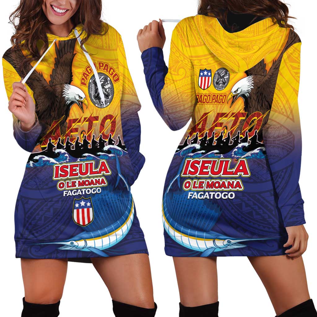 American Samoa Fautasi Hoodie Dress Bald Eage and Sailfish with Kakau Motifs - Polynesian Pride