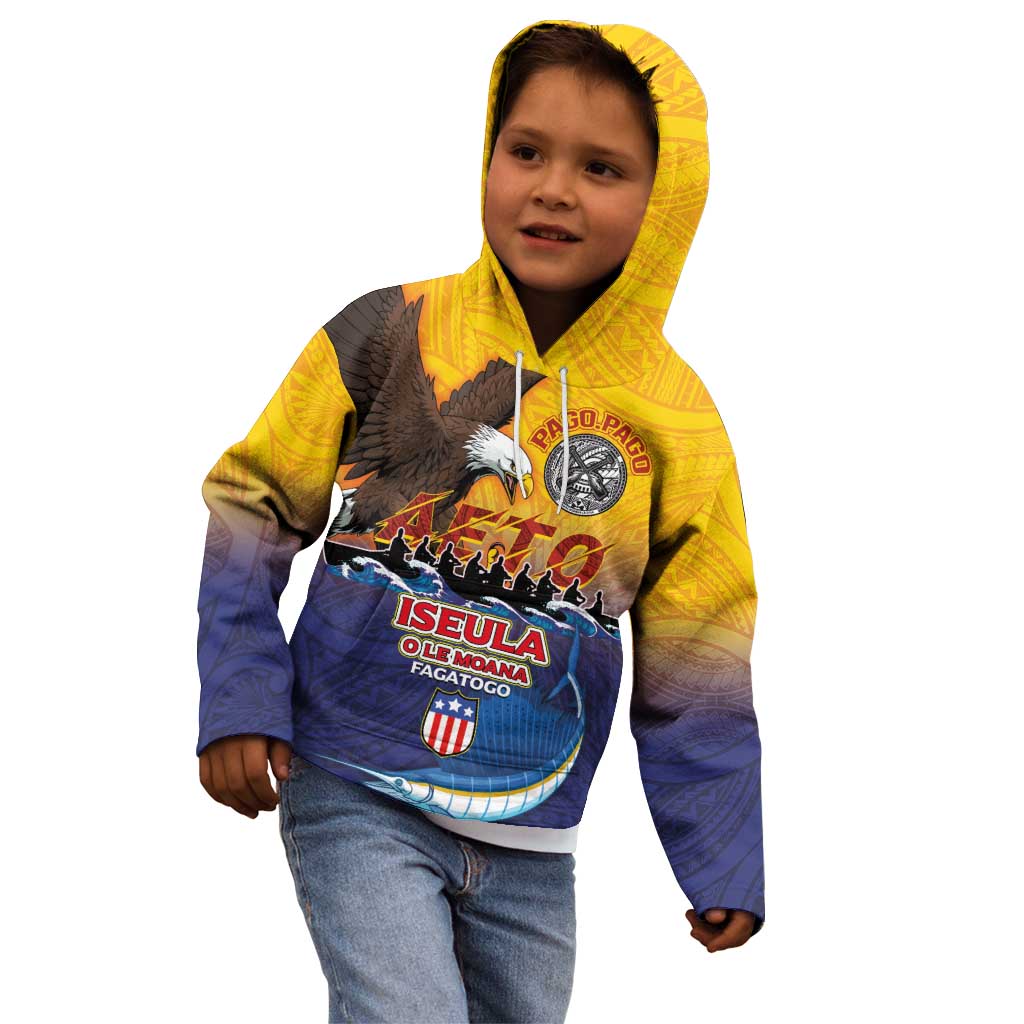 American Samoa Fautasi Kid Hoodie Bald Eage and Sailfish with Kakau Motifs - Polynesian Pride