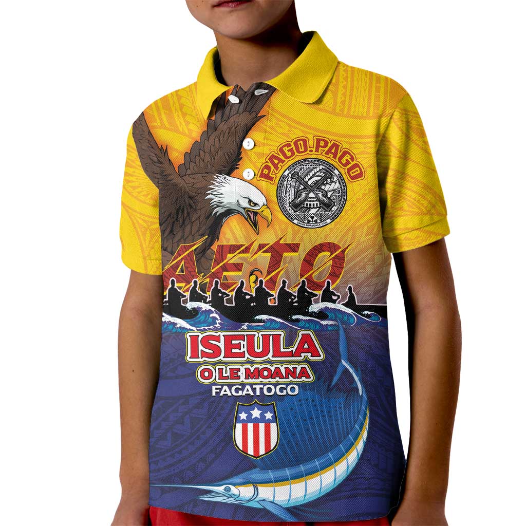 American Samoa Fautasi Kid Polo Shirt Bald Eage and Sailfish with Kakau Motifs - Polynesian Pride