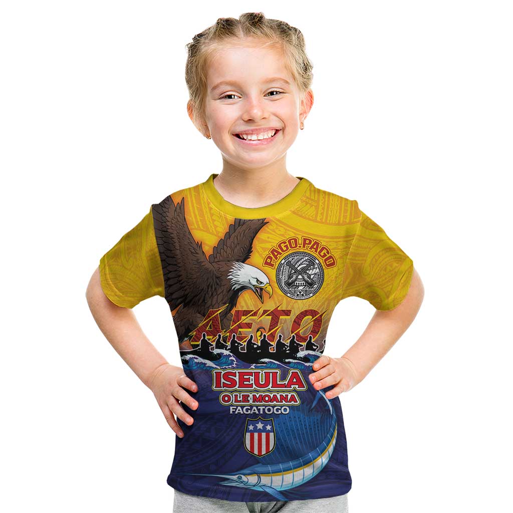 American Samoa Fautasi Kid T Shirt Bald Eage and Sailfish with Kakau Motifs - Polynesian Pride