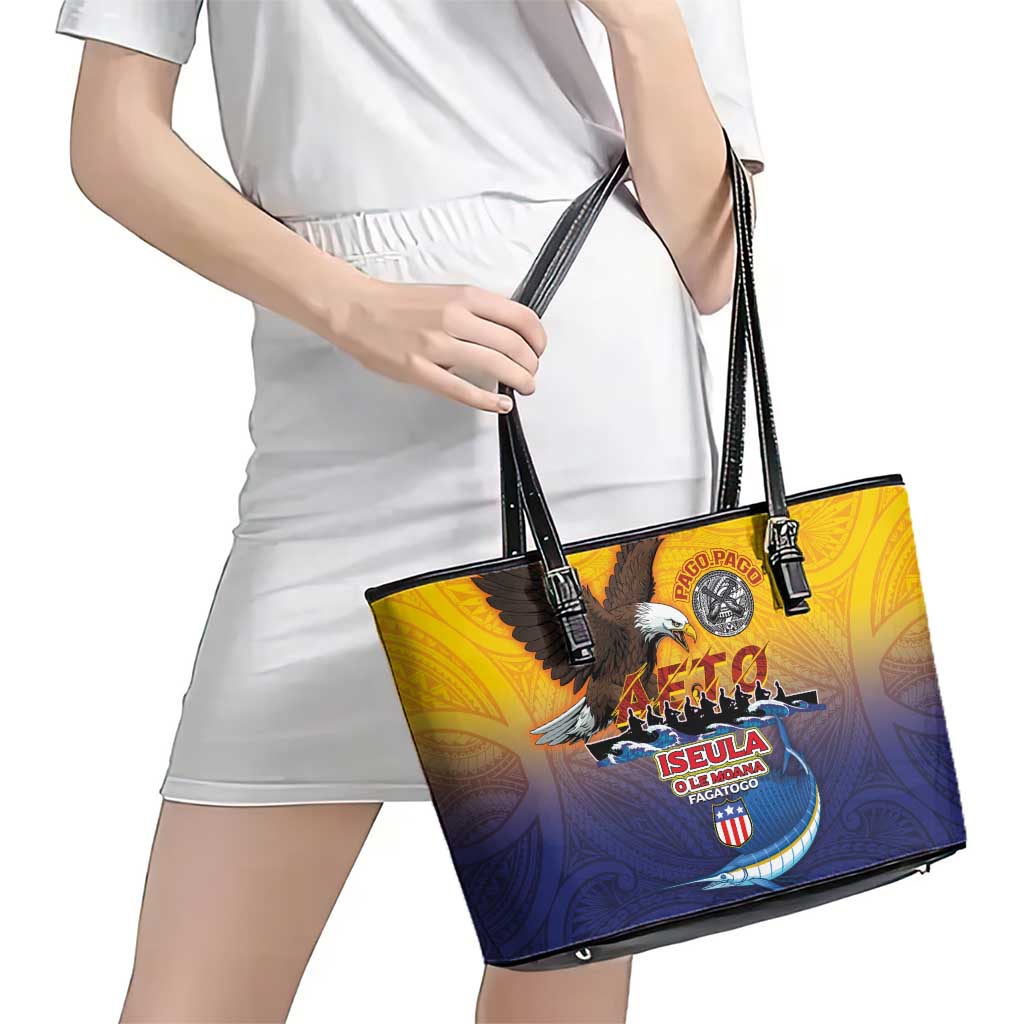 American Samoa Fautasi Leather Tote Bag Bald Eage and Sailfish with Kakau Motifs - Polynesian Pride