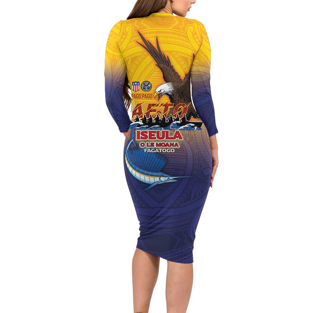 American Samoa Fautasi Long Sleeve Bodycon Dress Bald Eage and Sailfish with Kakau Motifs - Polynesian Pride
