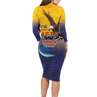 American Samoa Fautasi Long Sleeve Bodycon Dress Bald Eage and Sailfish with Kakau Motifs - Polynesian Pride