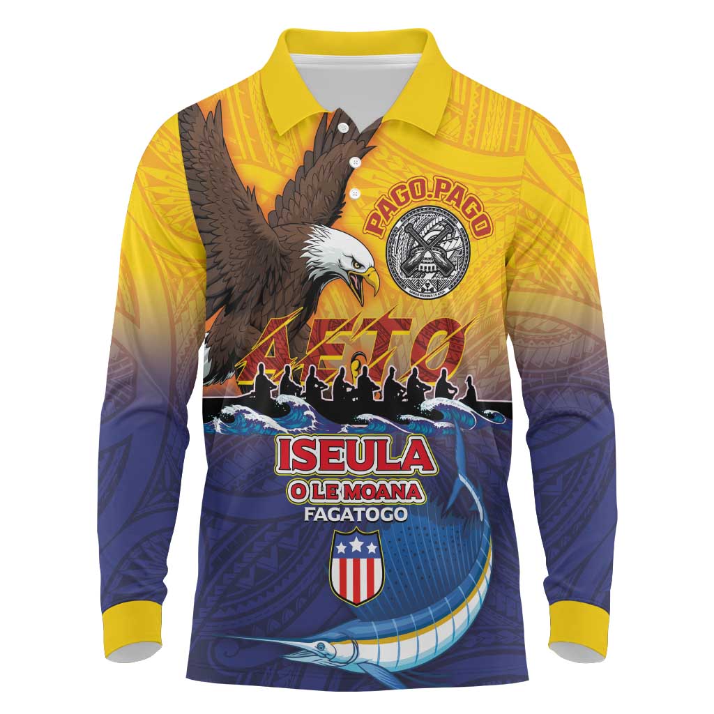 American Samoa Fautasi Long Sleeve Polo Shirt Bald Eage and Sailfish with Kakau Motifs - Polynesian Pride