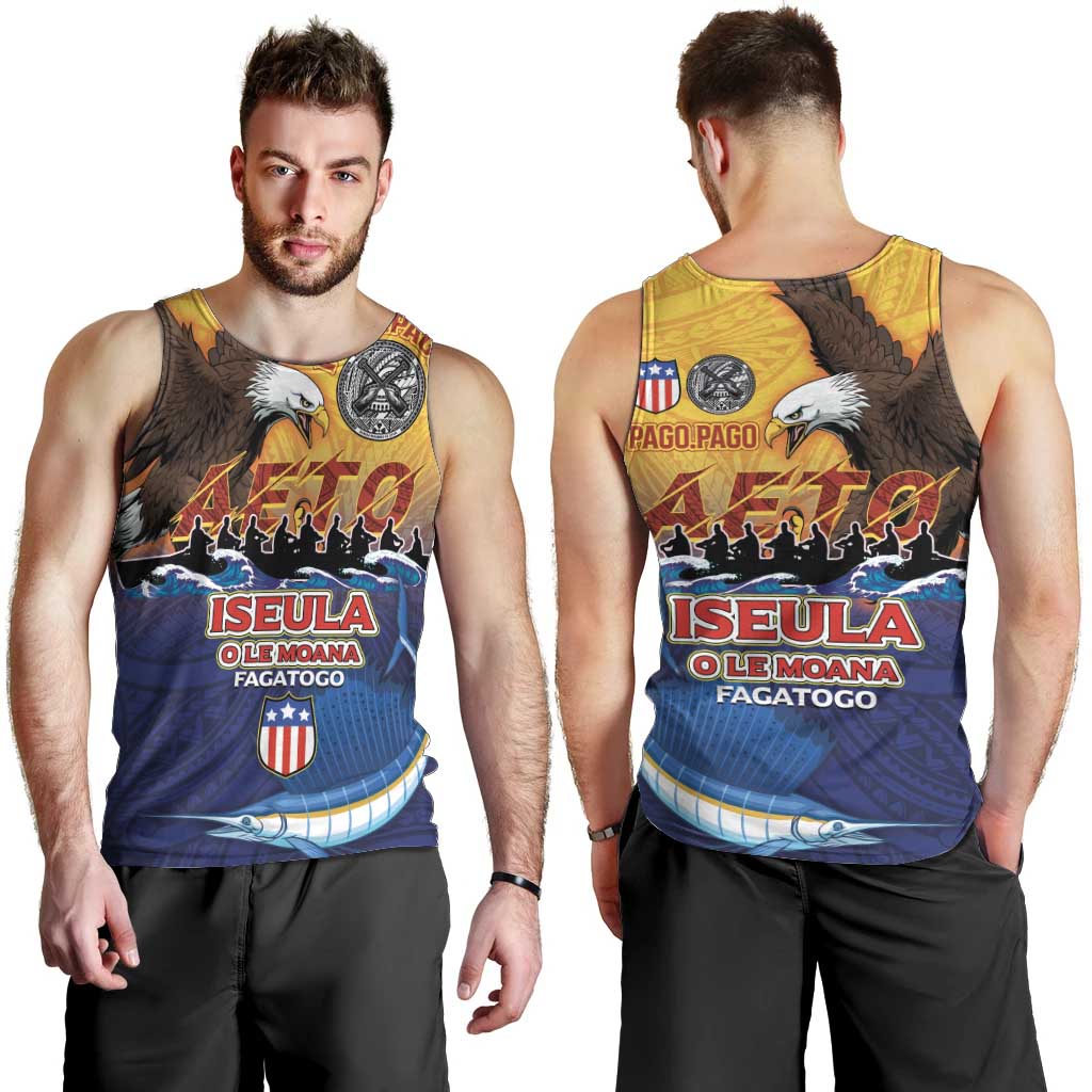 American Samoa Fautasi Men Tank Top Bald Eage and Sailfish with Kakau Motifs - Polynesian Pride