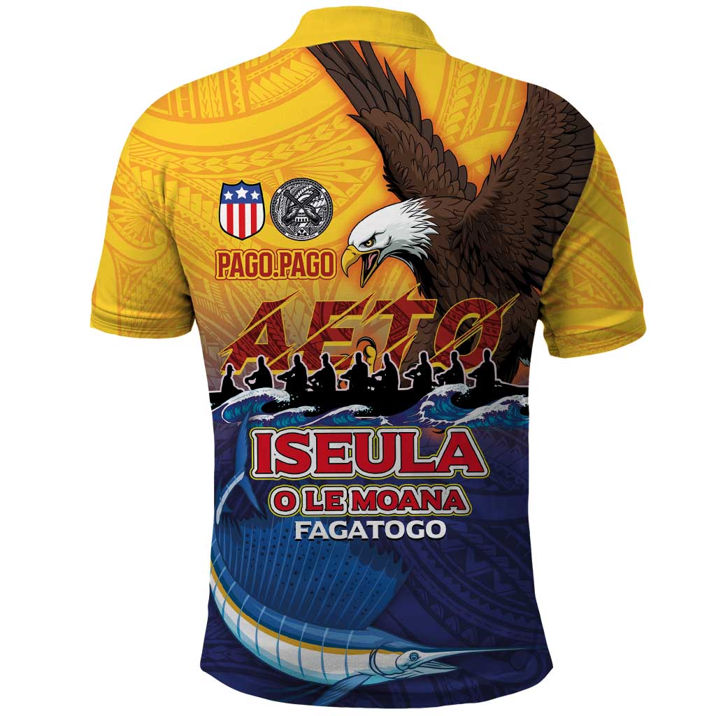 American Samoa Fautasi Polo Shirt Bald Eage and Sailfish with Kakau Motifs - Polynesian Pride