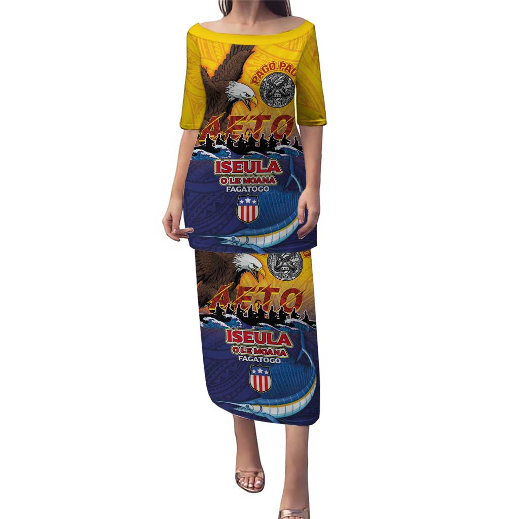 American Samoa Fautasi Puletasi Bald Eage and Sailfish with Kakau Motifs - Polynesian Pride
