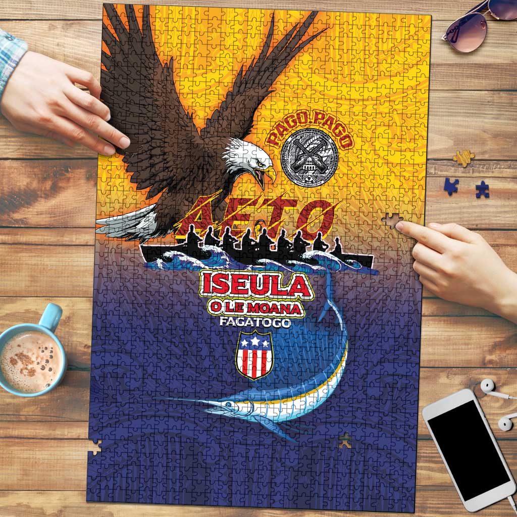 American Samoa Fautasi Puzzle Bald Eage and Sailfish with Kakau Motifs - Polynesian Pride
